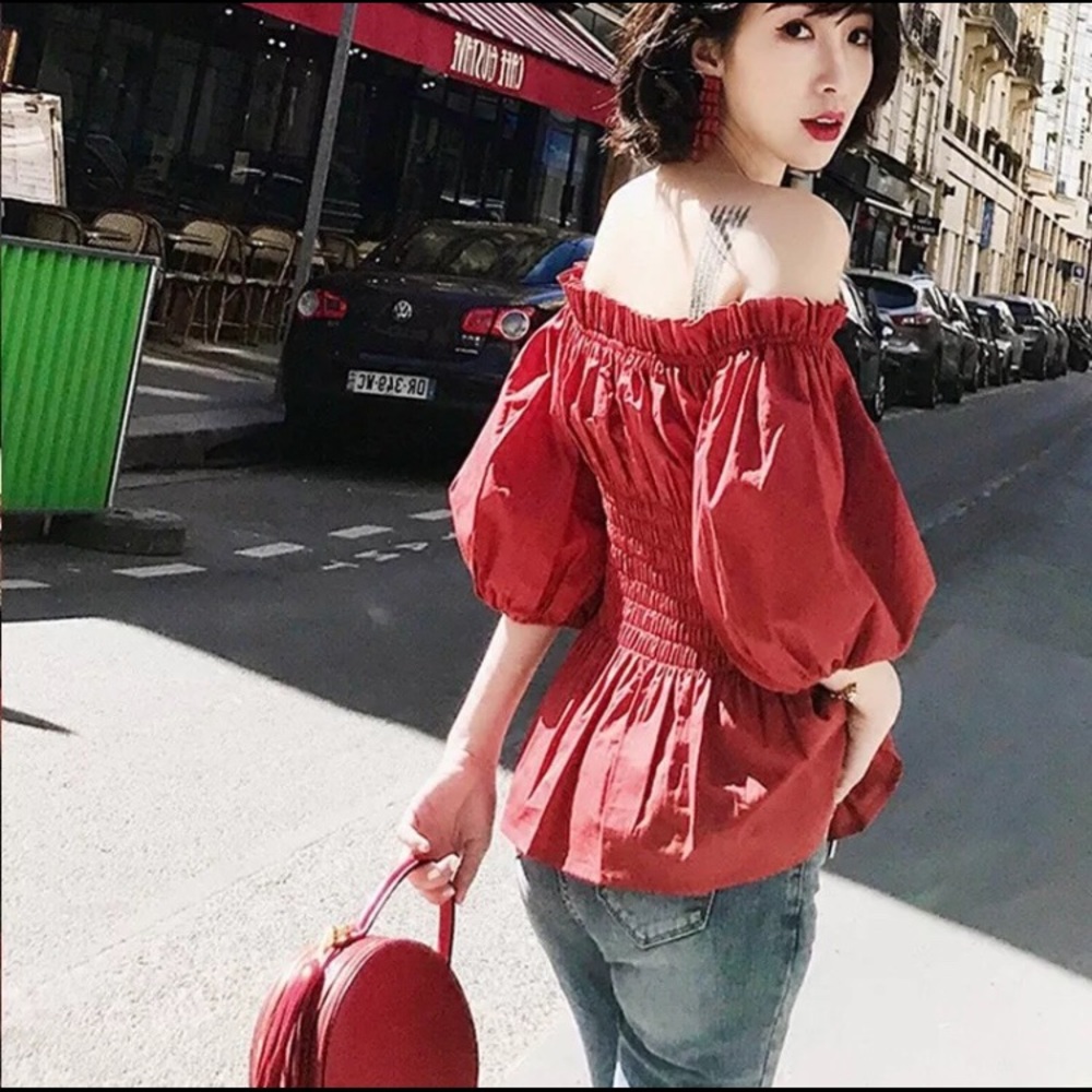 LAST 1 🌸 Off Shoulder Belted Peplum Top Blouse - Picture 3 of 6